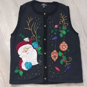 Lisa International M Festive Black Christmas Sweater Vest Colorful Santa Holiday